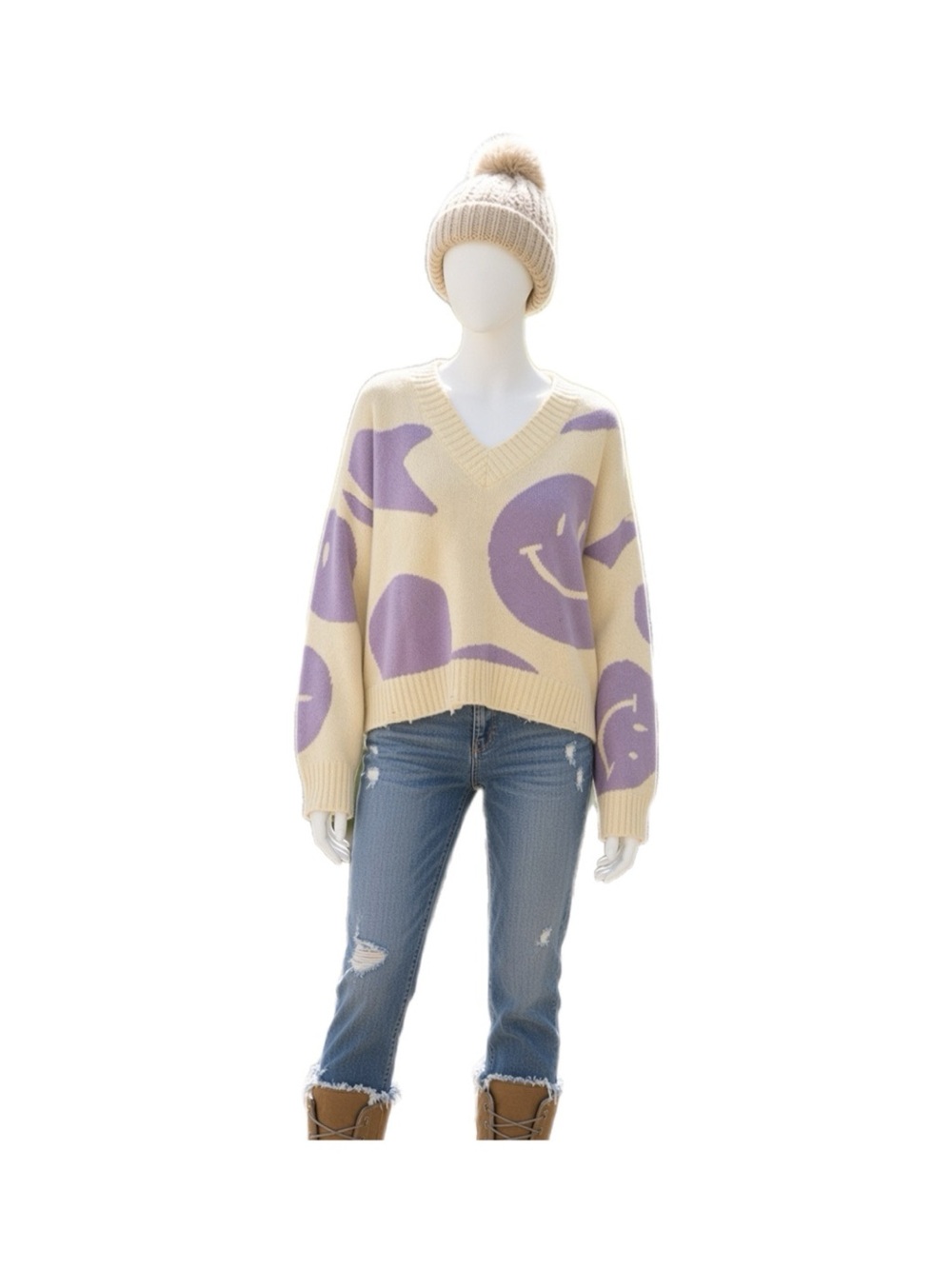 BAILEY ROSE yellow purple smiley face distressed v neck sweater size SMALL